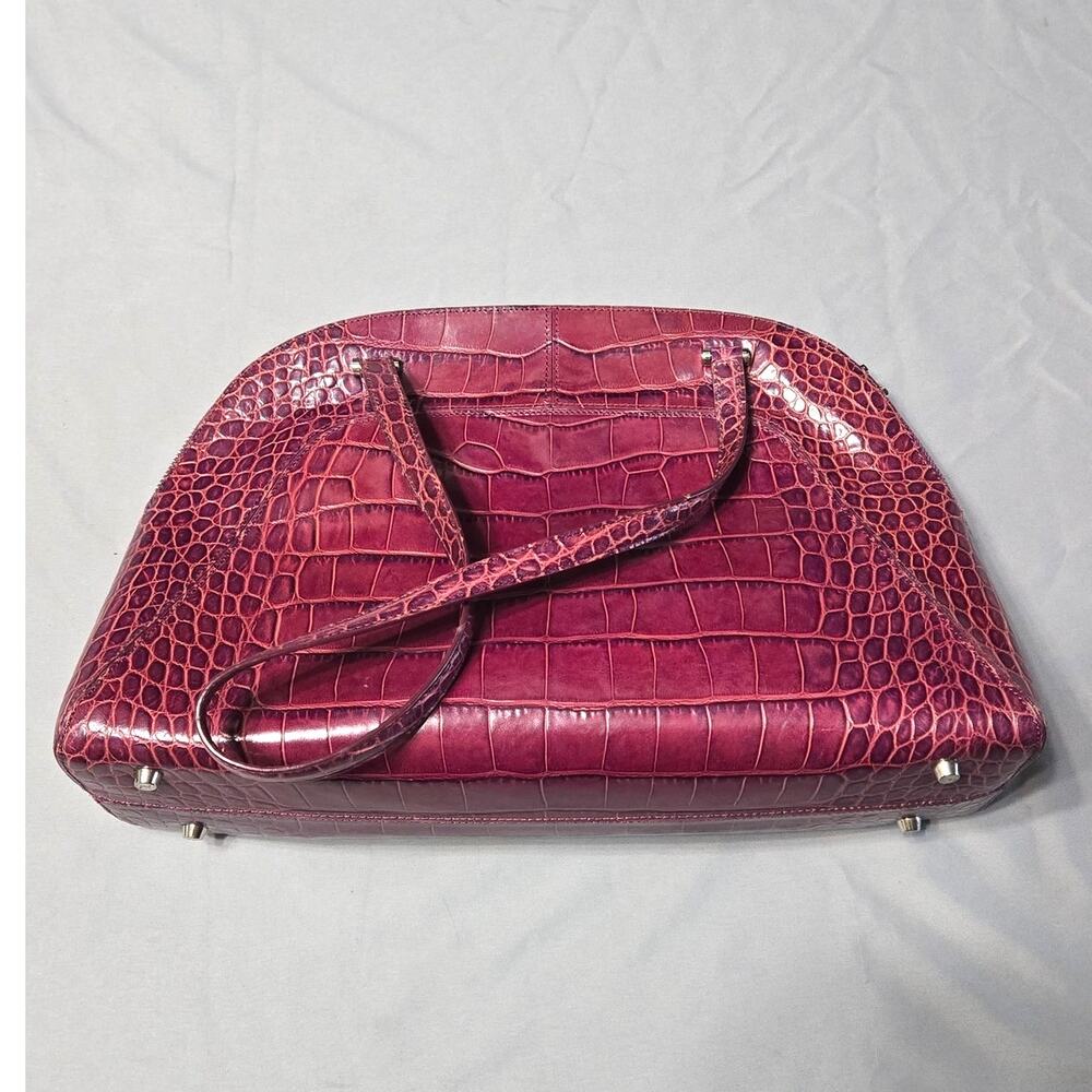 MONSAC Vintage Magenta Purple Croc Embossed Leather Satchel Tote Shoulder Bag